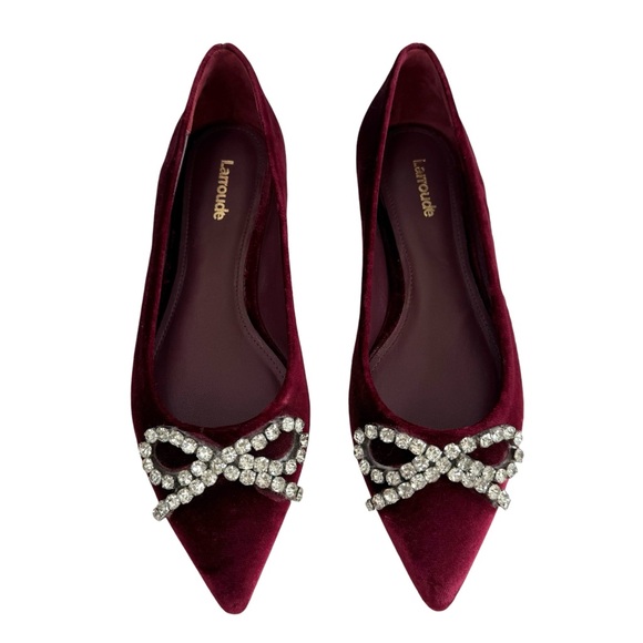 NWOT Larroude Lee Crystal-Embellished Bow Velvet Ballet Flats Size 6 - Picture 4 of 16